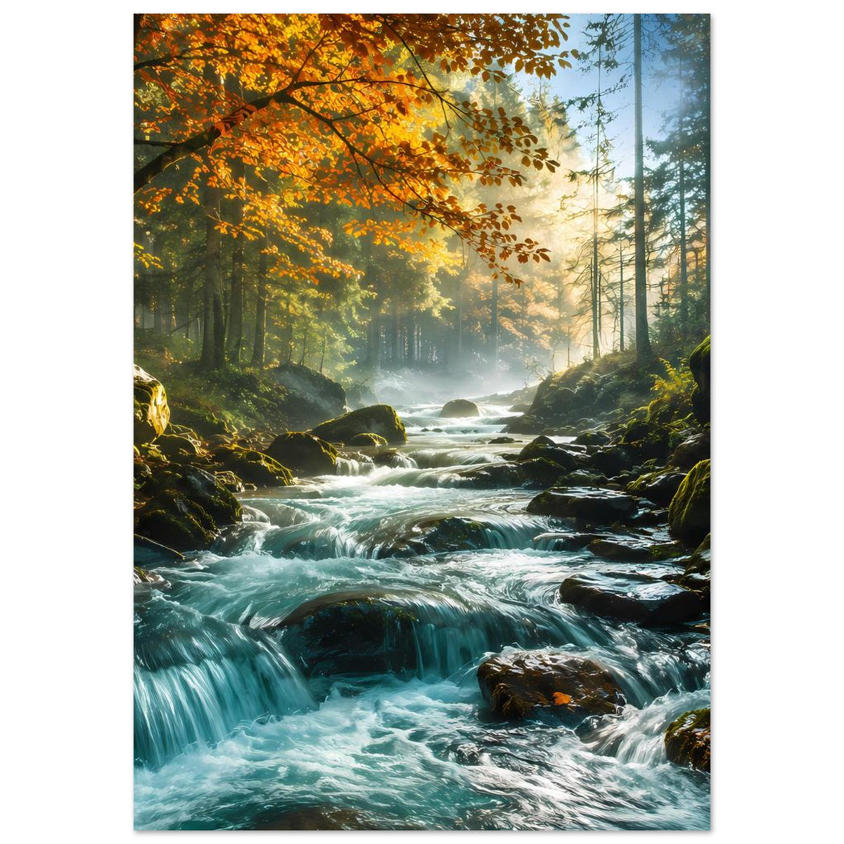 Waldfluss-Poster mit felsigem Flussbett und orangefarbenen Blättern, Hochformat