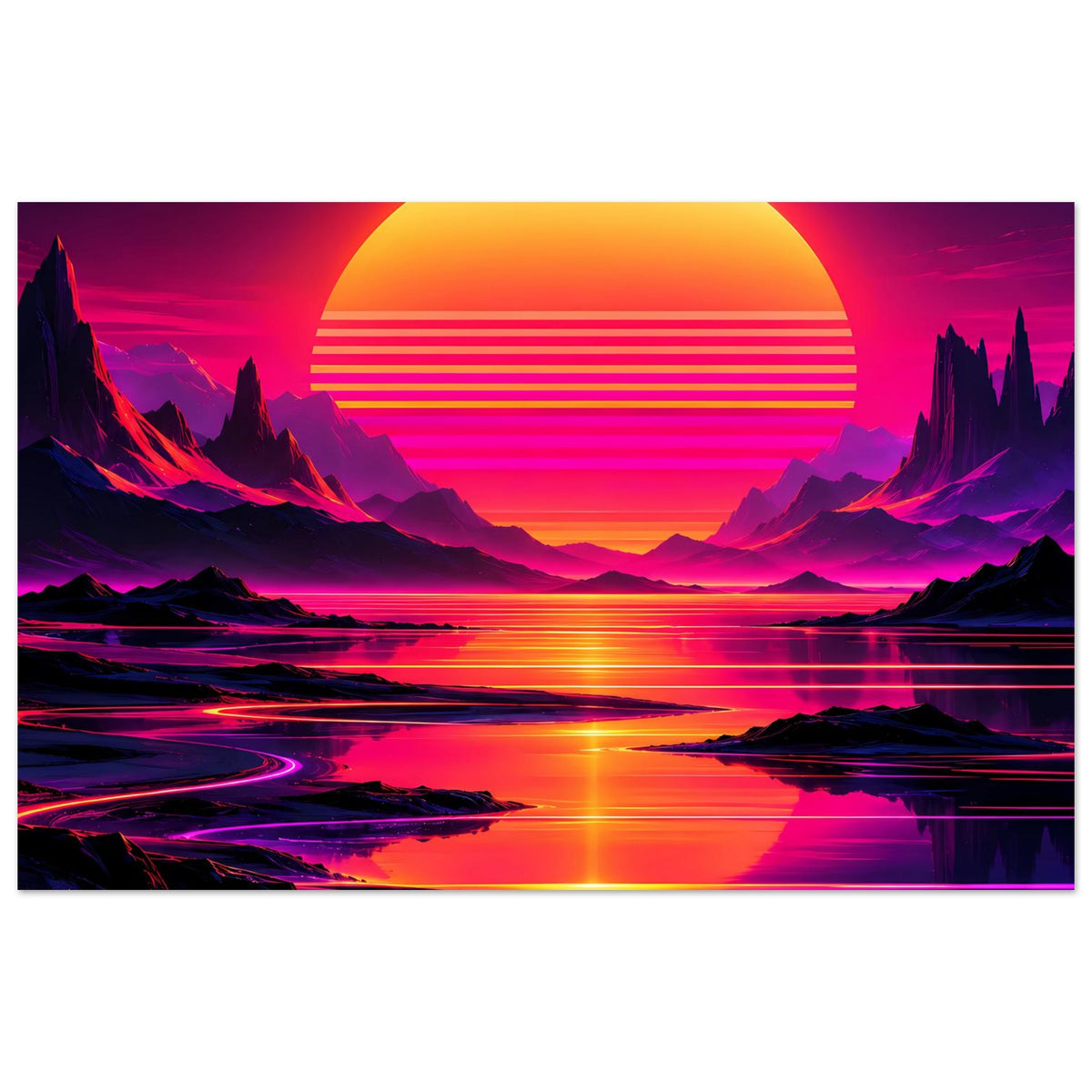 Neon-Poster, Querformat: Sonne am Horizont, Berglandschaft und spiegelnde Wasseroberfläche