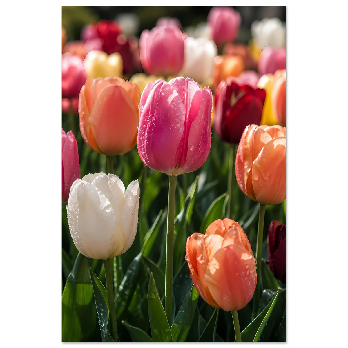 Tulpen-Garten-Poster im Hochformat: zentrale pinke Tulpe, dazu orange, dunkelrote und weiße