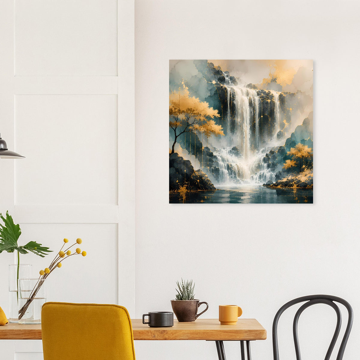 Quadratisches Wandposter mit Wasserfall-Motiv, Blauschattierungen und goldene Highlights