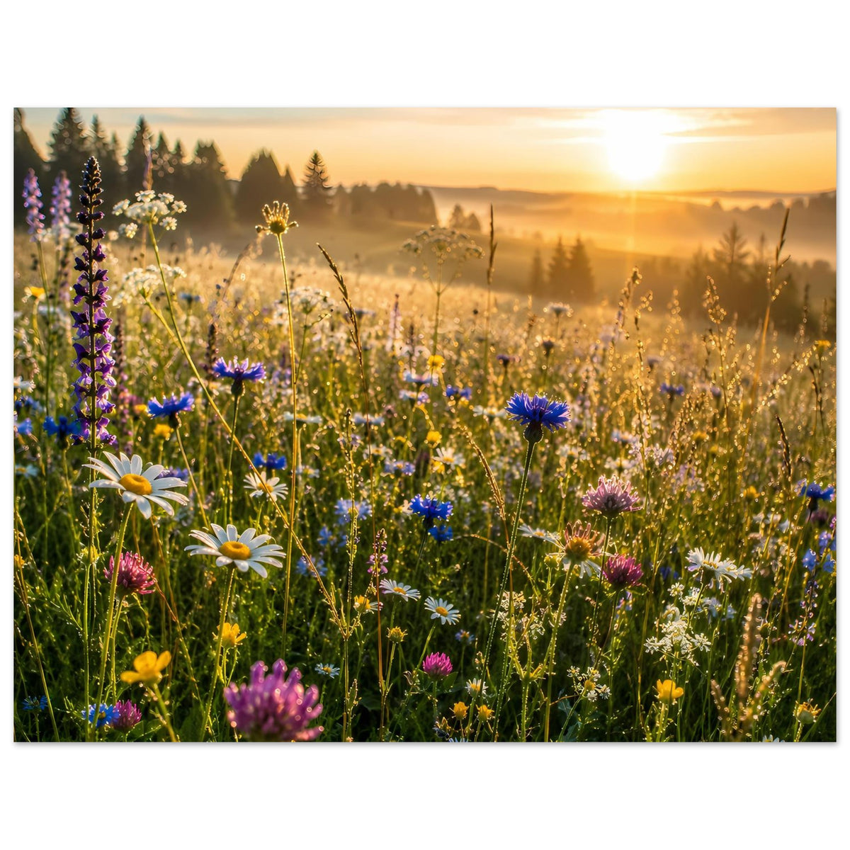 Sonnengeküsstes Wildblumenwiesen-Poster, Querformat: blühende Wiese im warmen Licht