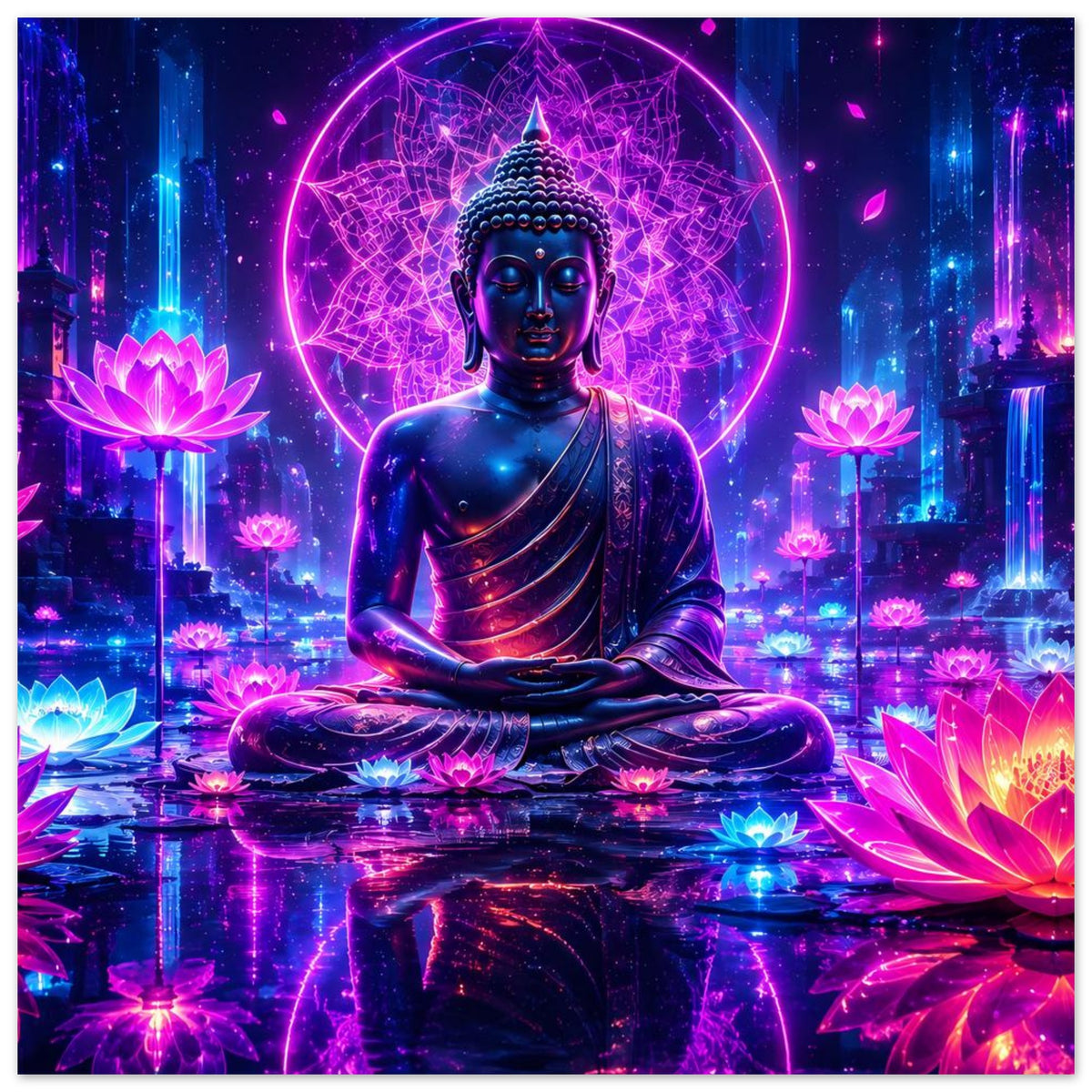 Buddha mit ausgestreckten Knöcheln im Meditationssitz, leuchtender Kreis und Neon-Lotusblüten
