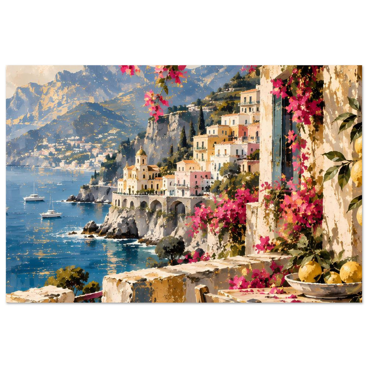 Mediterranes Küstenposter: Küste mit Yachten, Häusern am Hang, rosa Blüten am Rand
