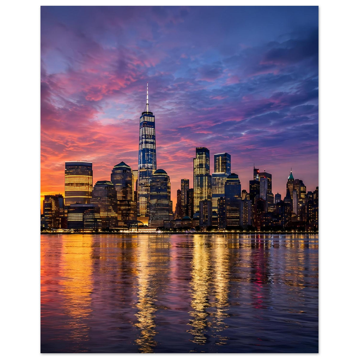 Stadtposter im Hochformat mit New-York-Skyline bei Dämmerung, reflektiert im Wasser