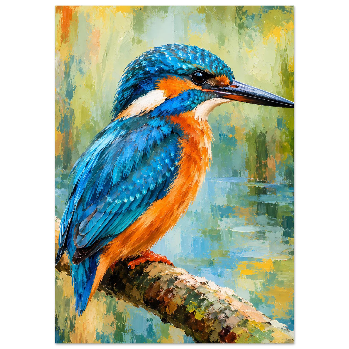 Poster mit Eisvogel-Porträt, blau-grünes Gefieder, orangefarbene Brust, Ast