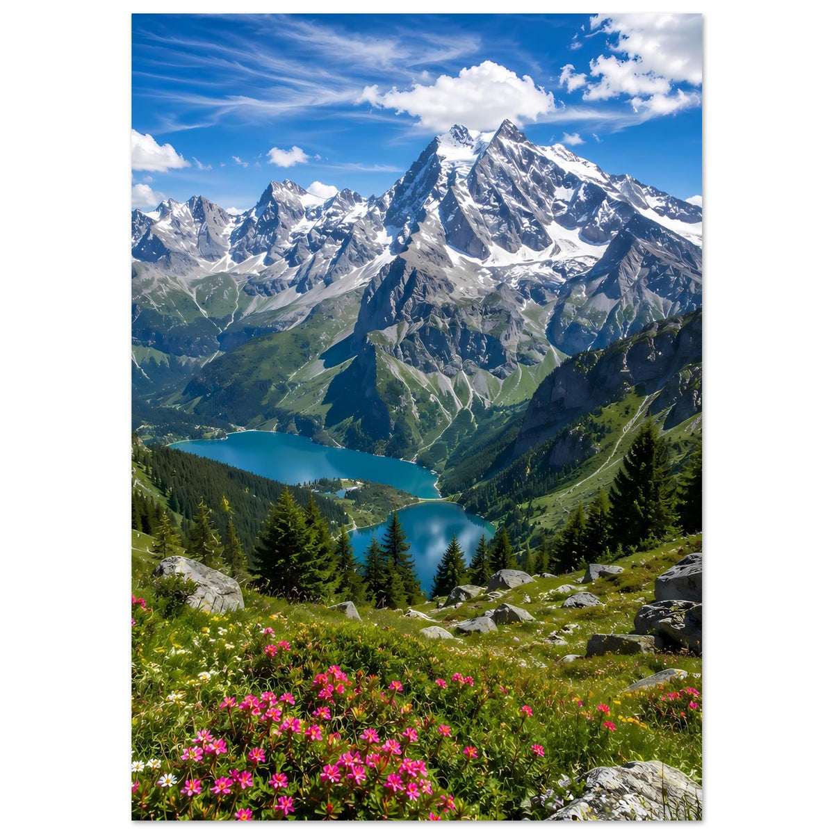 Alpenlandschaft-Poster mit blühendem Wiesenrand, Berggipfeln, See im Tal und Fichten