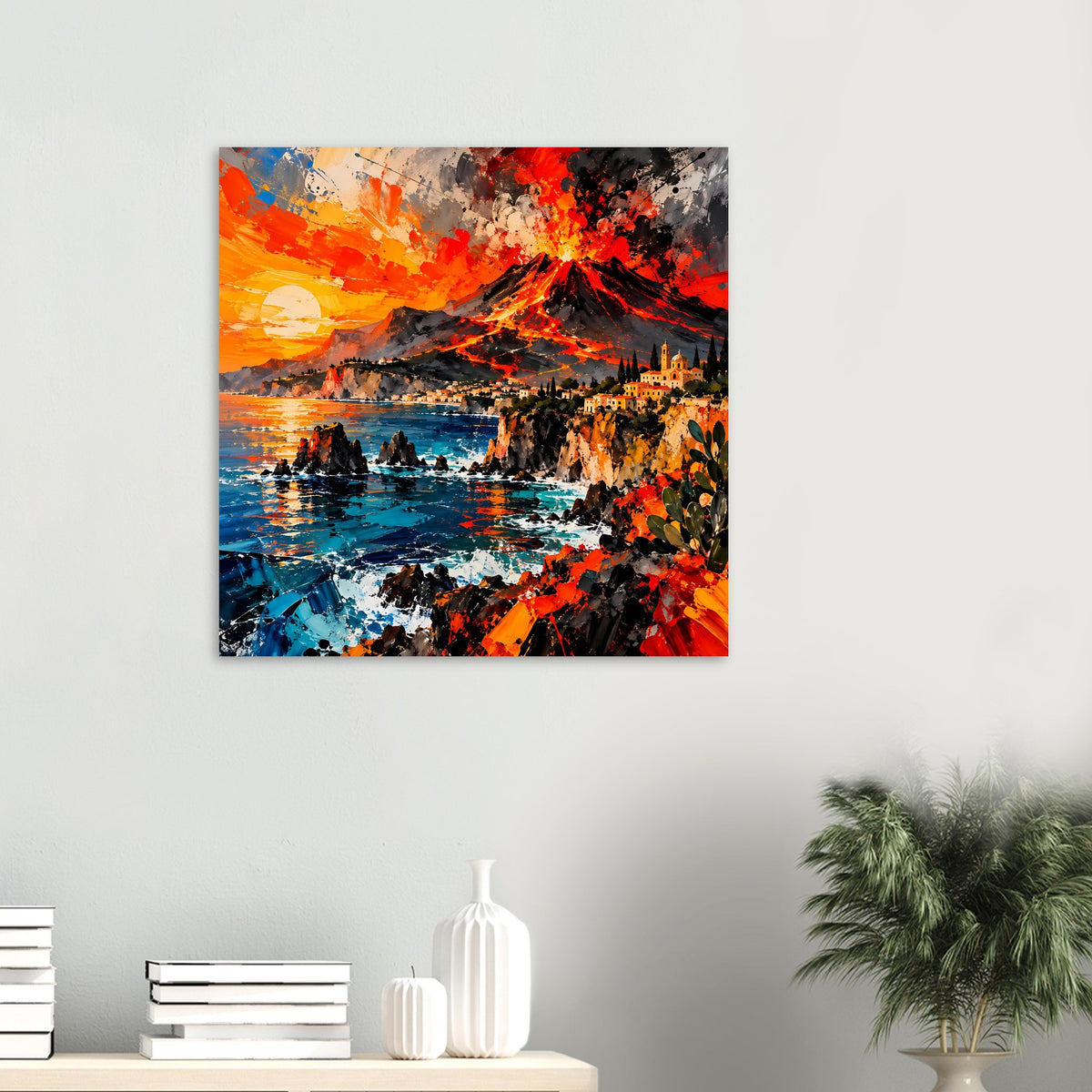 Deko-Poster, kleines Format: Vulkanmotiv mit Lava, Küste, türkisblauem Wasser und roten Spritzern