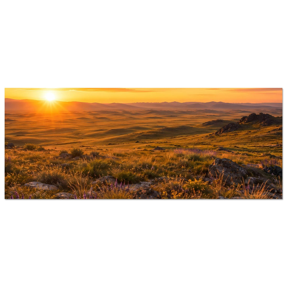 Horizontales Landschaftsposter mit Sonnenuntergang, wüstenartigem Grasland und Felsen