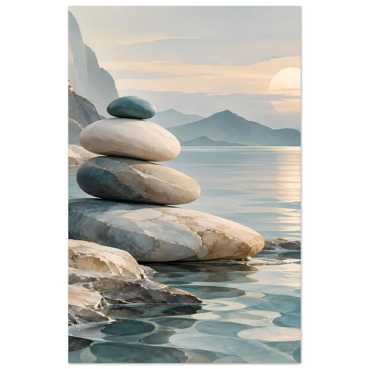 Wandposter (vertikal) mit Steinstapel am Meer, Blau‑Beige Farbverlauf