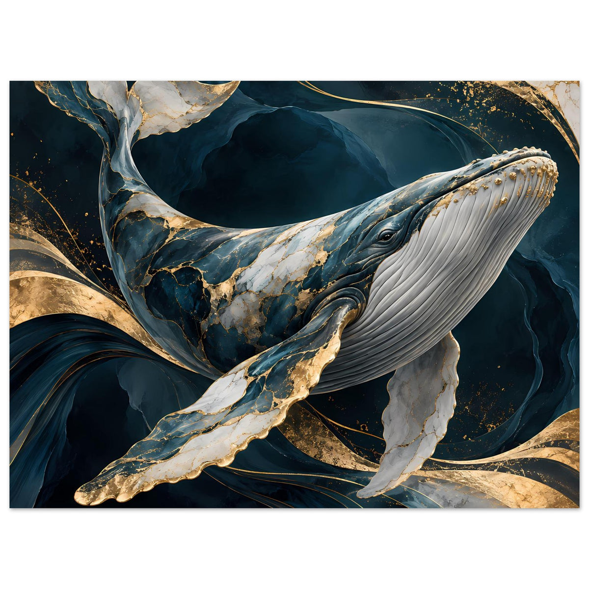 Horizontales Poster mit Blauwal-Gesicht und Flosse, dunkelblauer Hintergrund mit Golddetails.