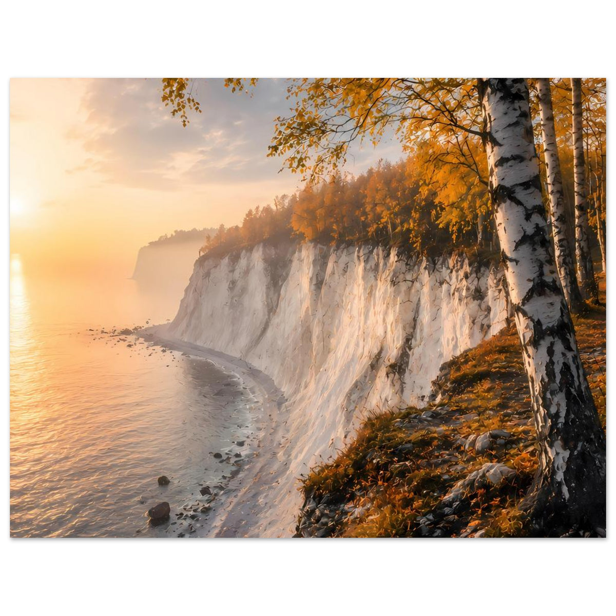 Herbstliches Querformat-Poster: Klippenküste mit Birken, Felsstrand und Abendhimmel