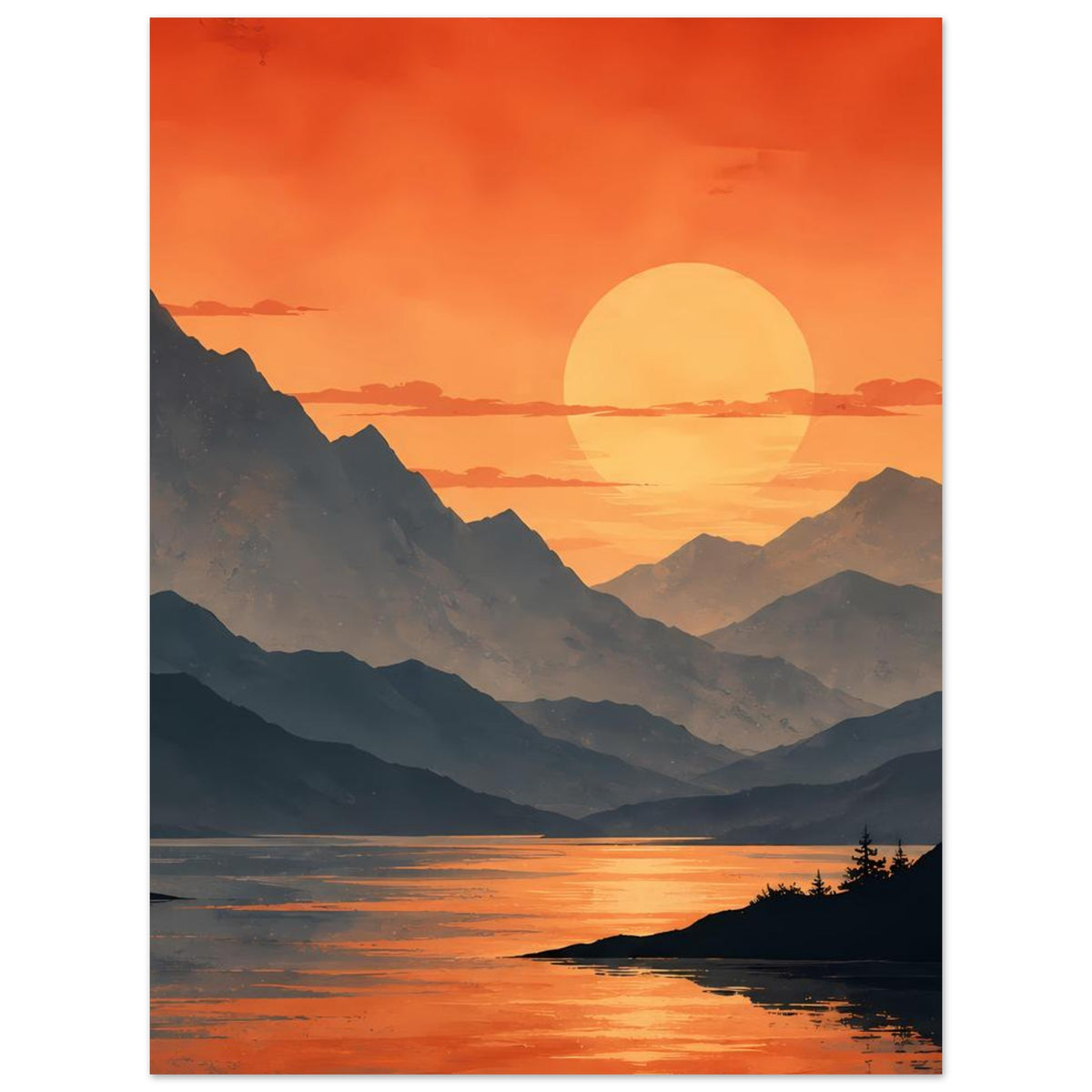 Wandposter mit orangefarbenem Sonnenuntergang, dunklen Bergen und See mit Spiegelung
