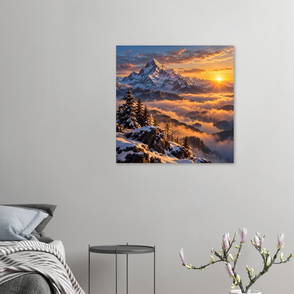 Kleines Poster mit verschneiten Alpenbergen, Tannen und goldenem Sonnenaufgang über Wolken