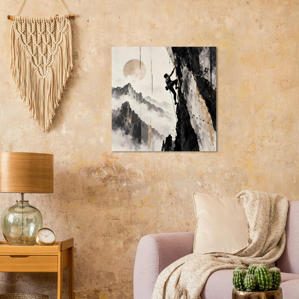 Kunstposter mit Berggipfeln, Mond im Kreis und Kletterer vor Felswand, querformat