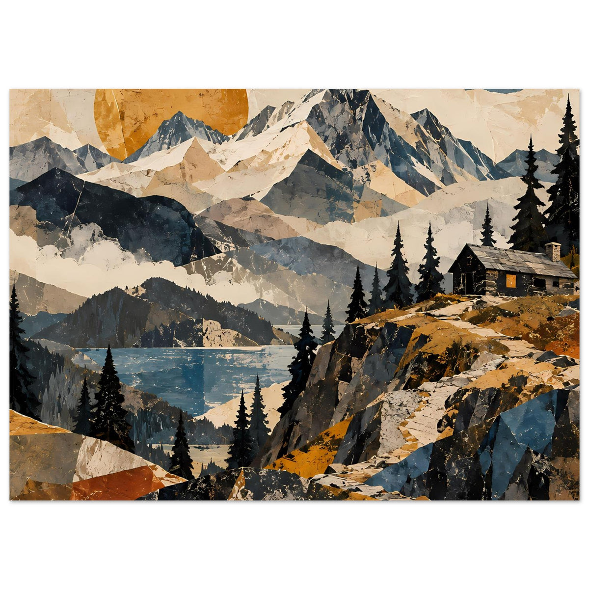 Naturposter im Querformat mit Gebirgszug, Tannen, blauem See und Hütte, geometrisch gestaltet