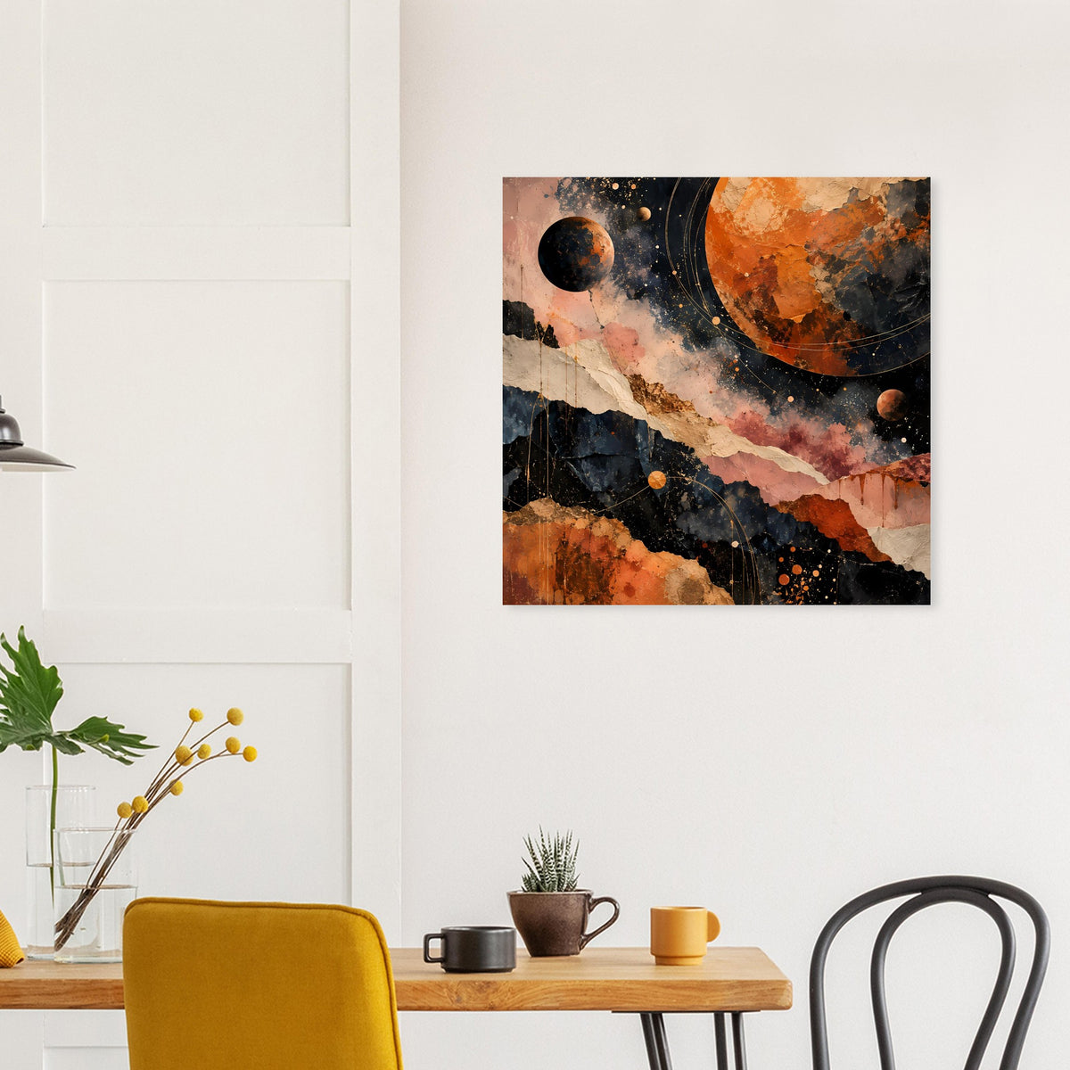 Gerahmtes quadratisches Poster mit abstrakten Planeten und warmen Erdtönen
