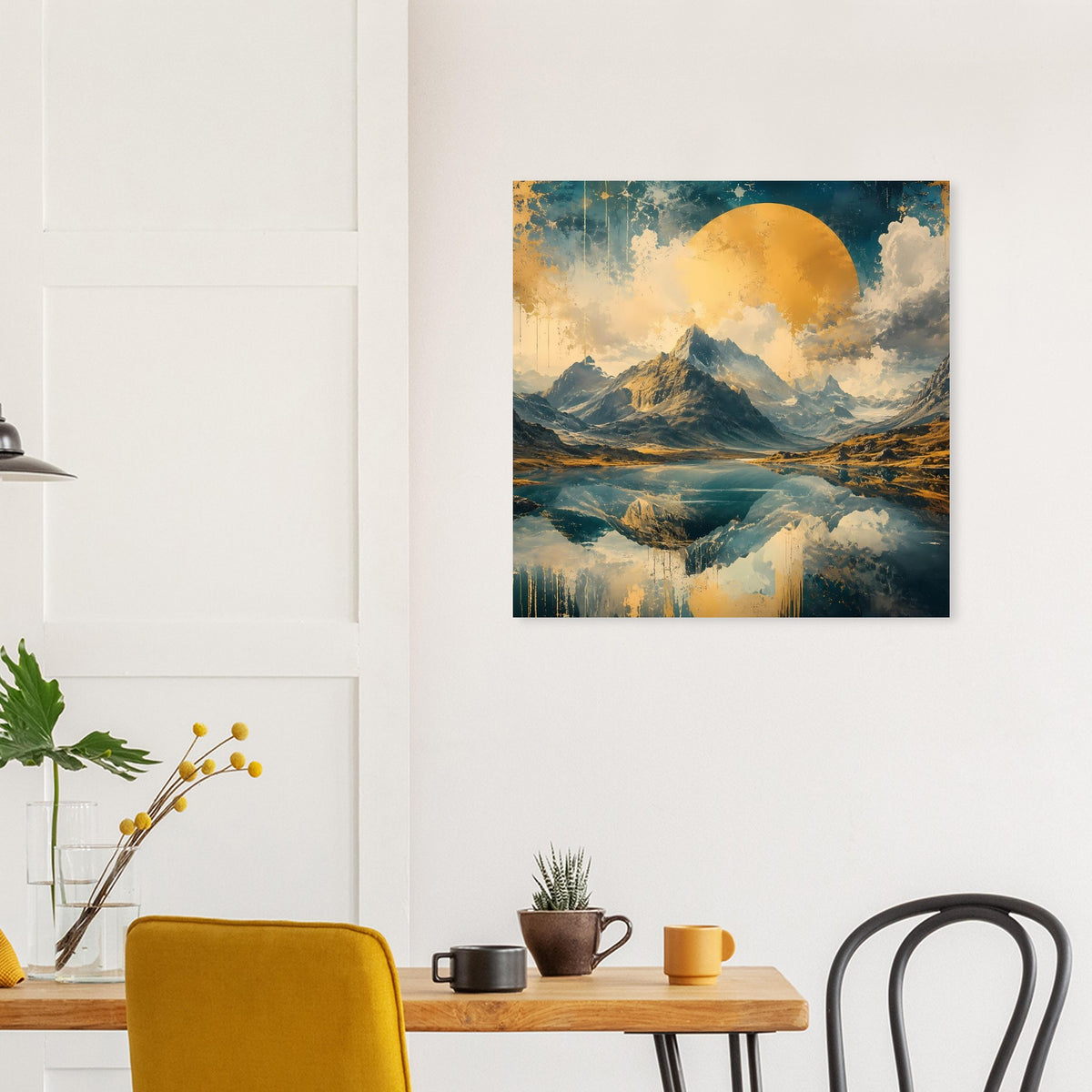 Wandposter mit Bergsee-Reflexion, Blau-Gold-Töne und großer runder Sonne/Mond