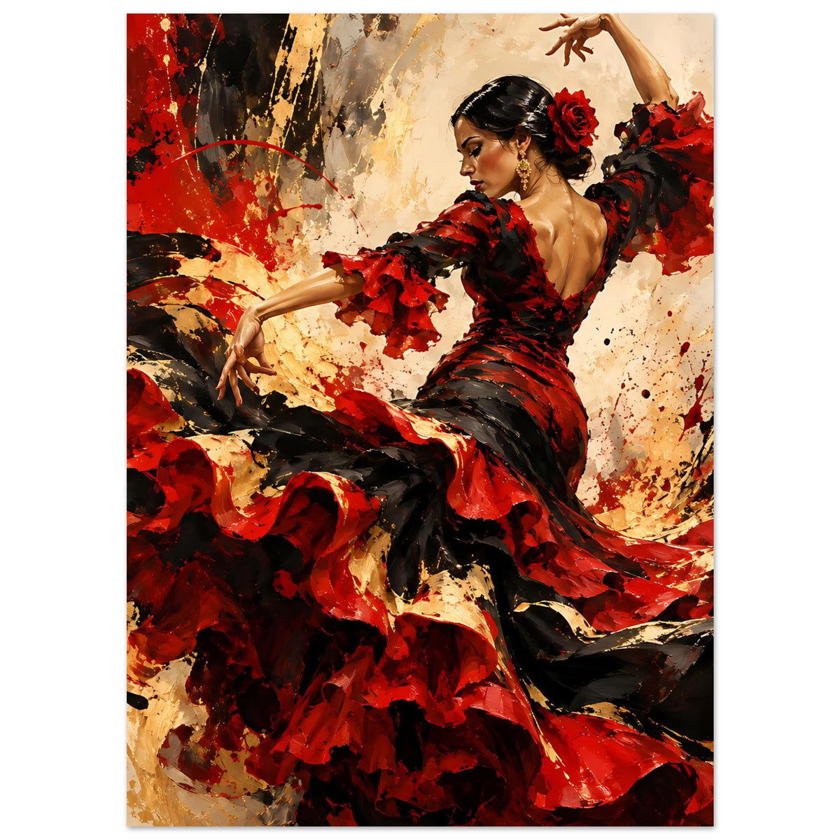 Poster mit Flamenco-Tänzerin in rotem und schwarzem Kleid, Pose mit ausgestrecktem Arm, Spritzer