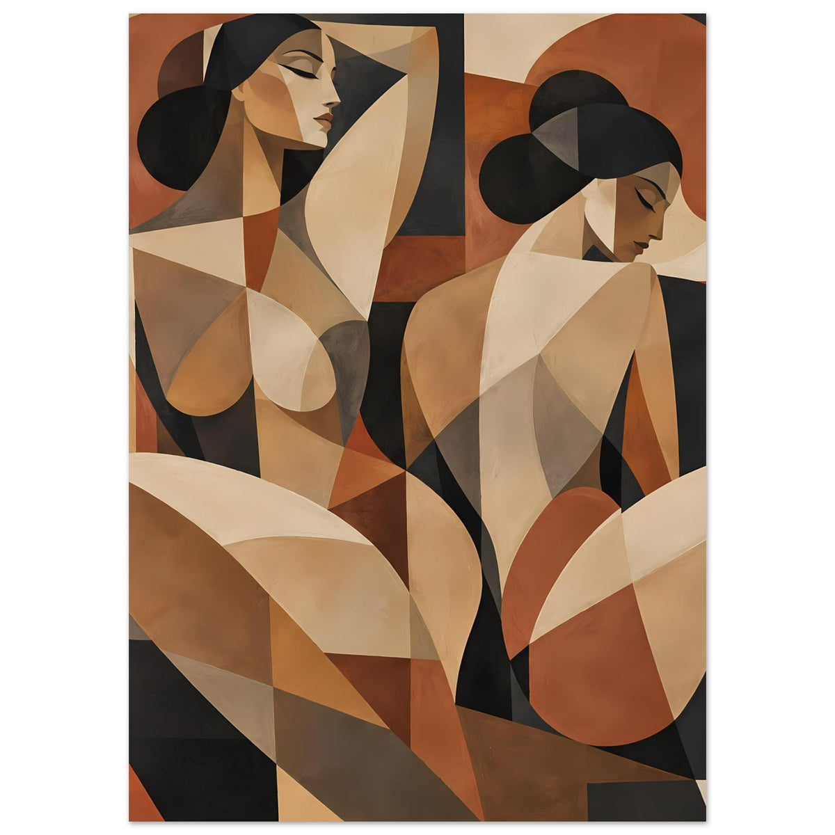 Abstraktes Poster mit Frauenfiguren in warmen Brauntönen, beige und schwarze Formen, mittig