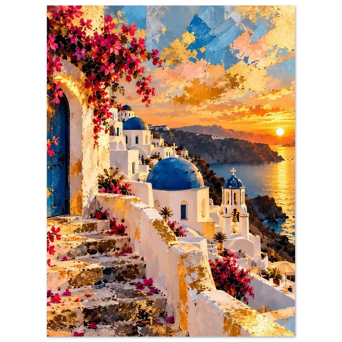 Poster mit Treppenstufen, weißen Häusern, blauer Kuppel und Meer im goldenen Sonnenuntergang