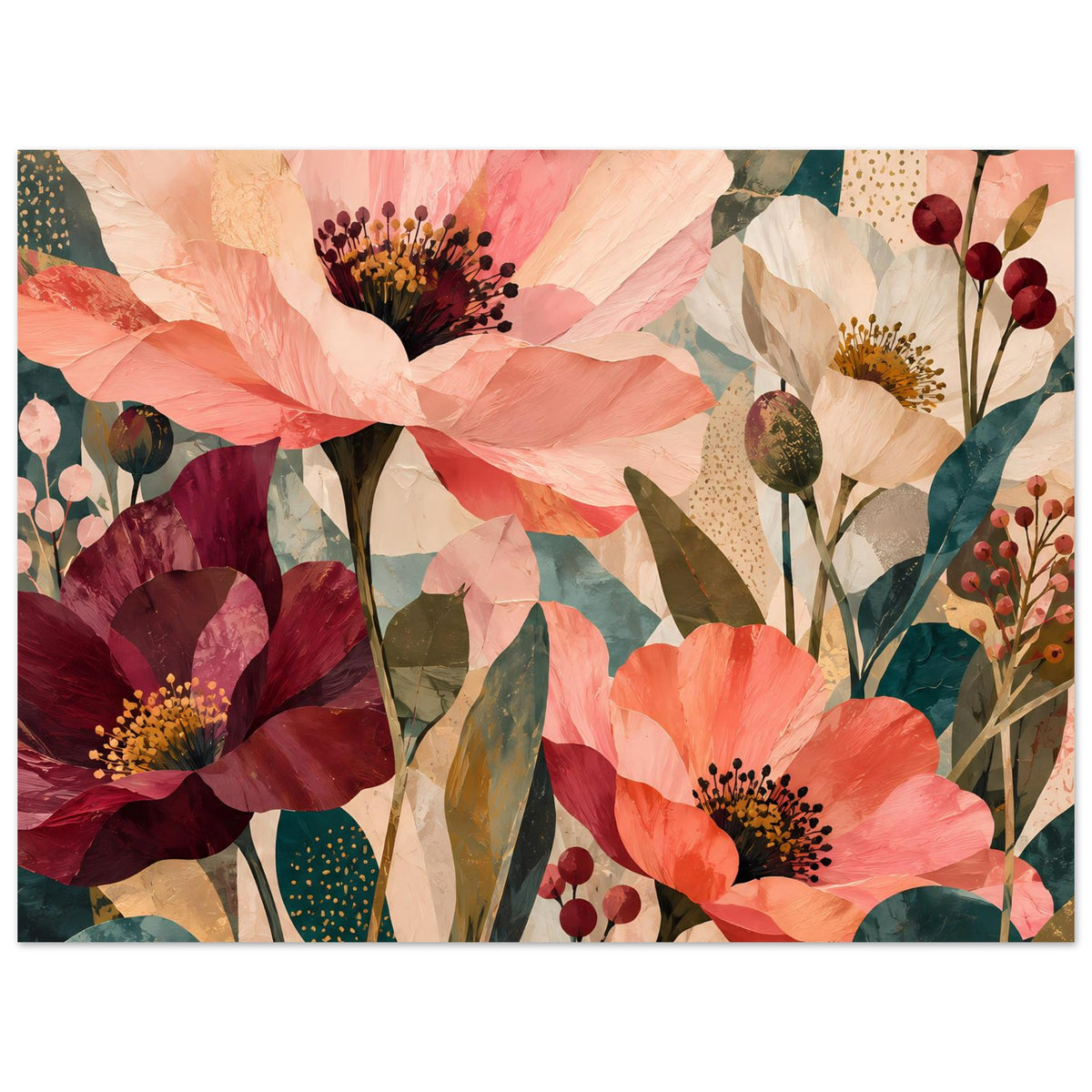 Kunstposter, Nahansicht floraler Collage: Korallrosa Blüten und dunkelrote Blütenköpfe
