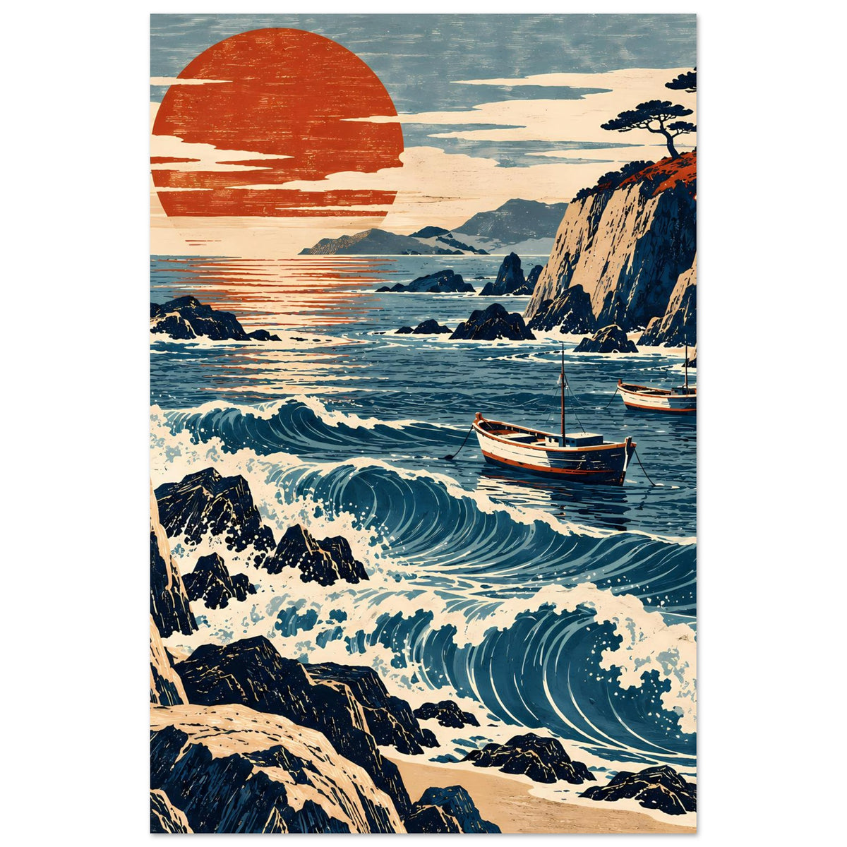 Vertikales Poster mit Meer, Felsen, schaumigen Wellen, zwei Segelbooten und roter Sonne