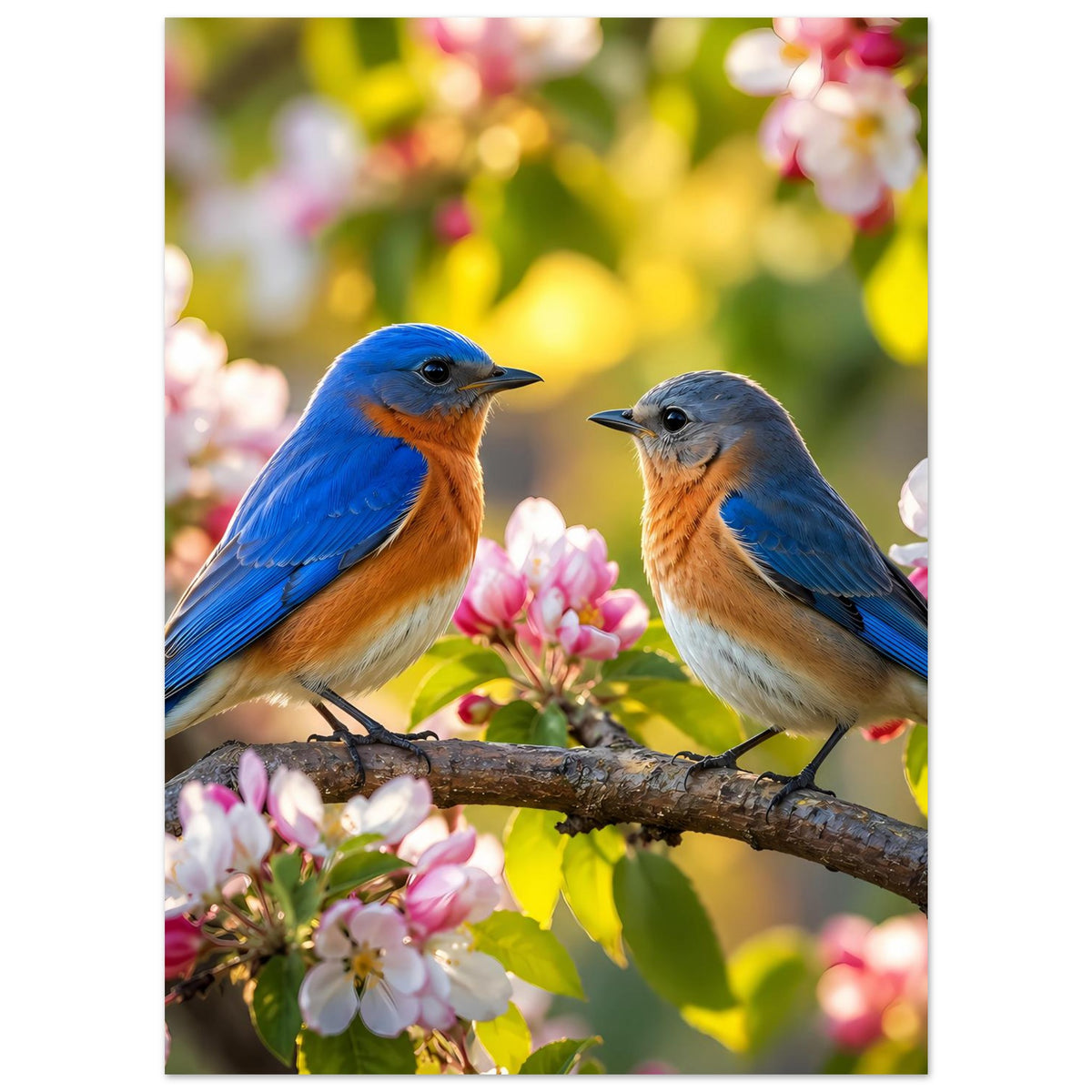 Poster mit zwei blauen Singvögeln auf Ast, rosa Blüten und grüne Blätter