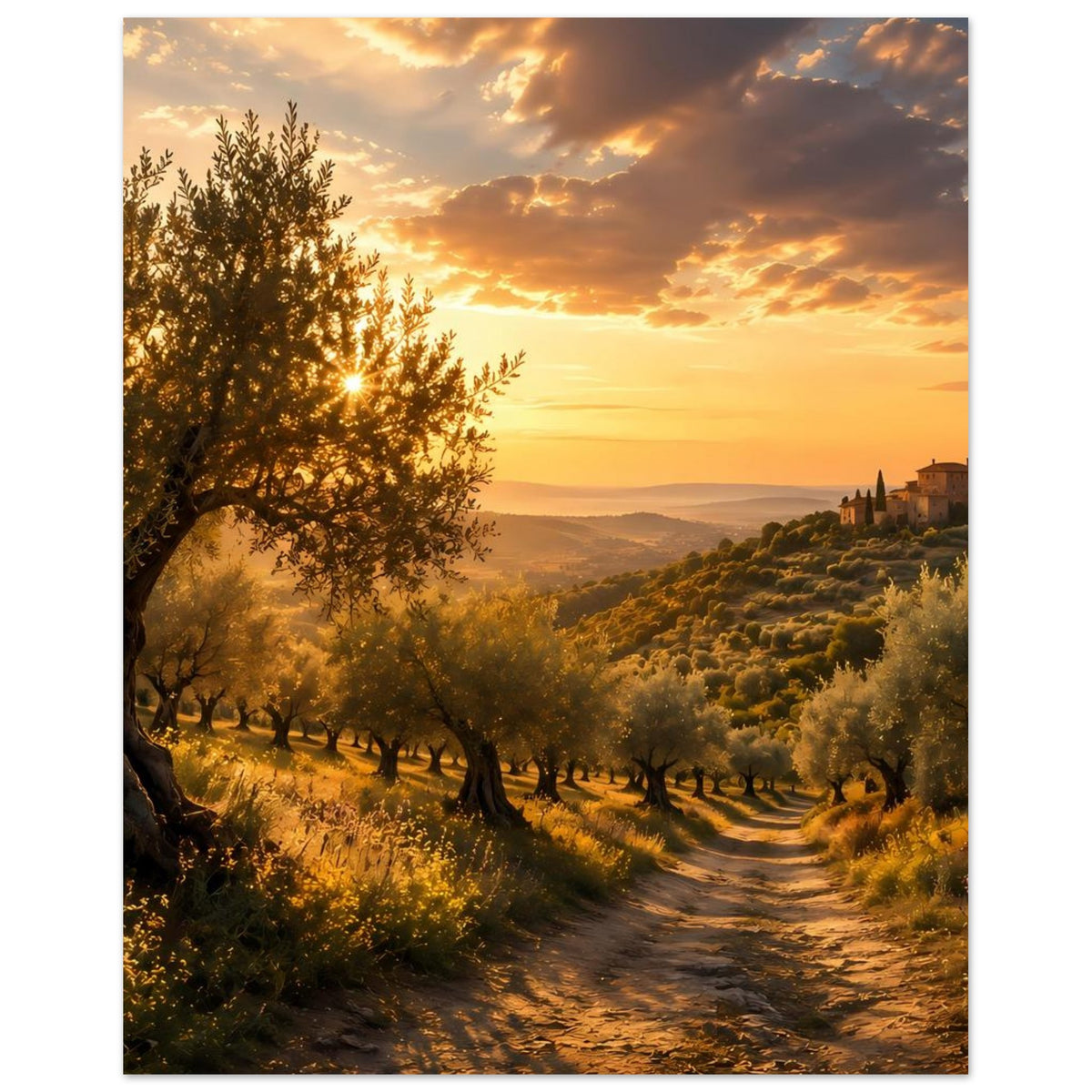 Poster mit Olivenhain-Feldweg und weitläufigen Hügeln, goldener Sonnenuntergang