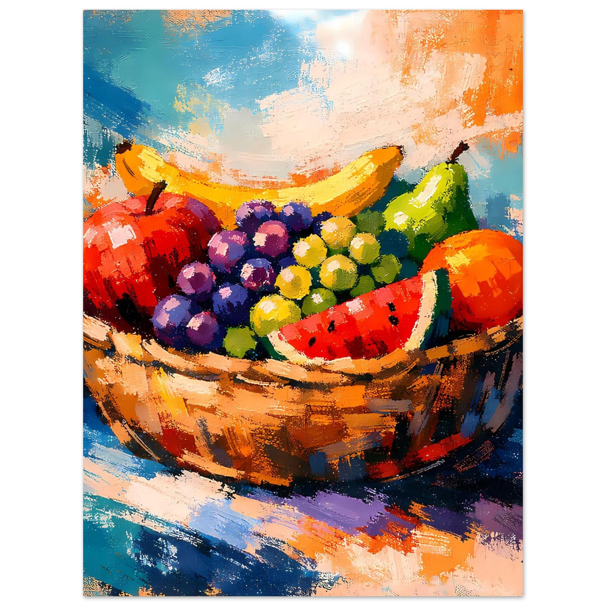 Poster mit Früchtekorb-Gemälde: bunte Früchte, kräftige Kontraste und Pinseltextur