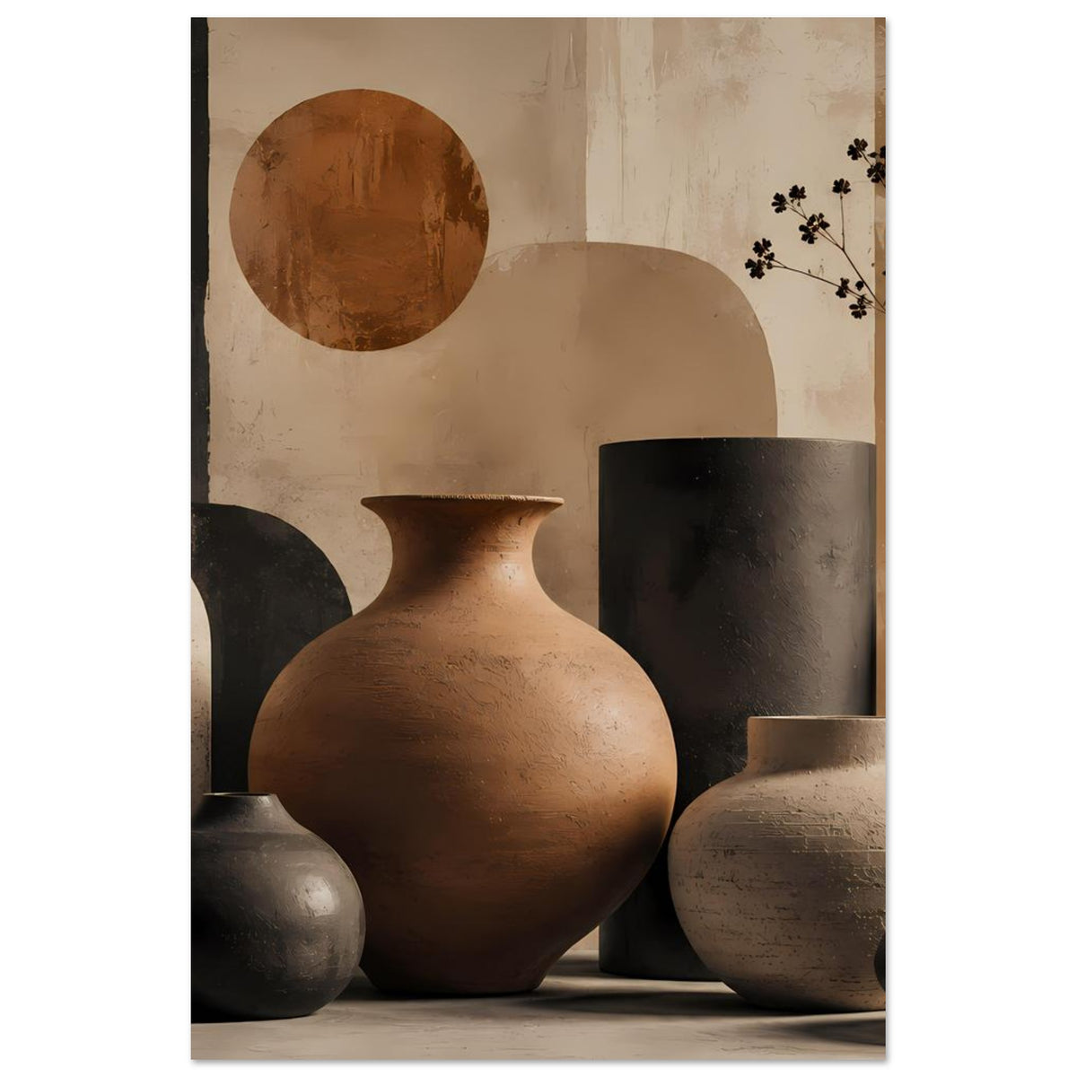 Gerahmter Posterdruck: runde Terrakotta-Vase im Vordergrund, dahinter beiger und dunkler Zylinder.
