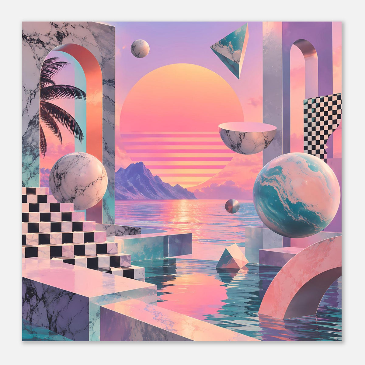 Poster im Querformat, mittig fokussiert: Sonnenuntergang, Blöcke, Planeten und Checkermuster