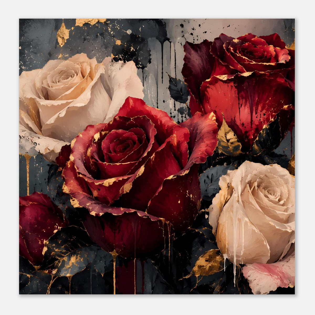 Kunstposter im Detail: bordeauxrote Rosen und cremefarbene Blüten mit goldenen Sprenkeln
