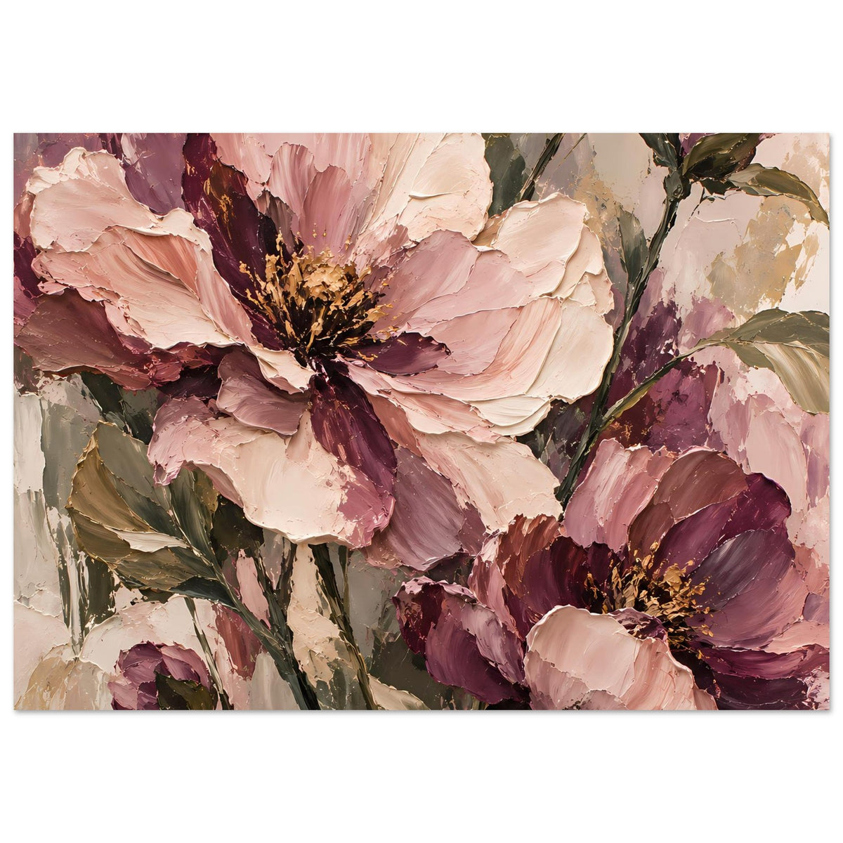 Blumenposter mit rosafarbenen und mauvefarbenen Blüten, kräftige Pinselstruktur