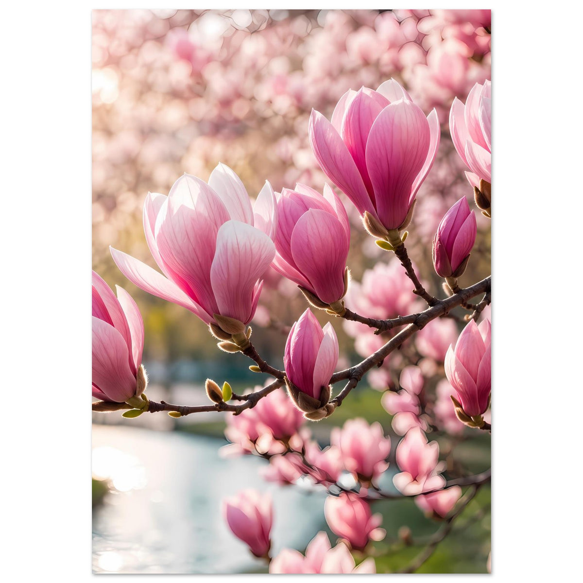 Vertikales Poster: rosa und weiße Magnolienblüten an Ästen