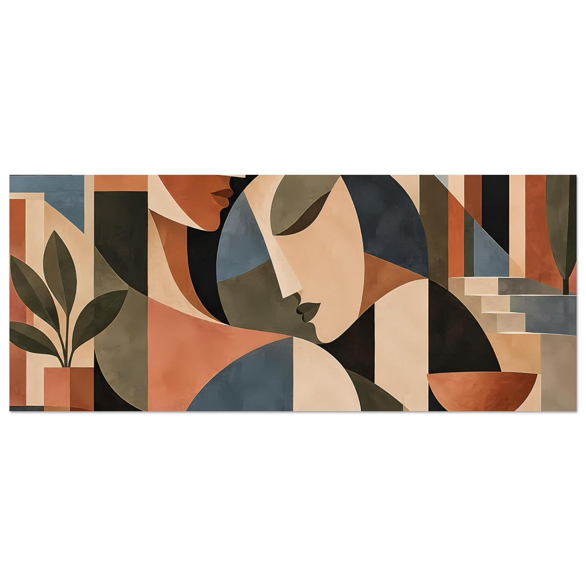 Horizontales Kunstposter im Bauhaus-Stil: abstrakte Figuren, Terrakotta- und Blaunuancen