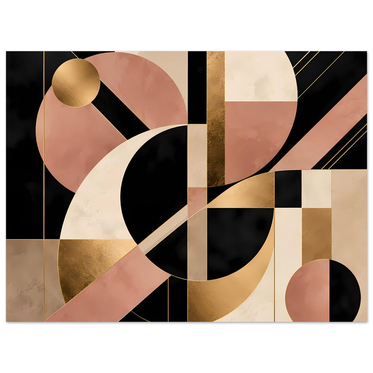 Kunstposter mit Art-Deco-Geometrie: Kreise, Diagonalen und Goldakzente in Schwarz, Blush und Gold