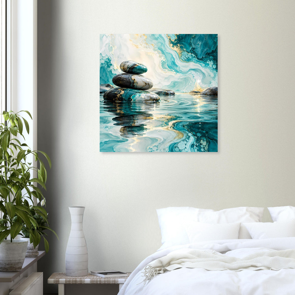 Zen-Poster mit Marmorsteinen im Vordergrund und türkisblauen Wasserwellen