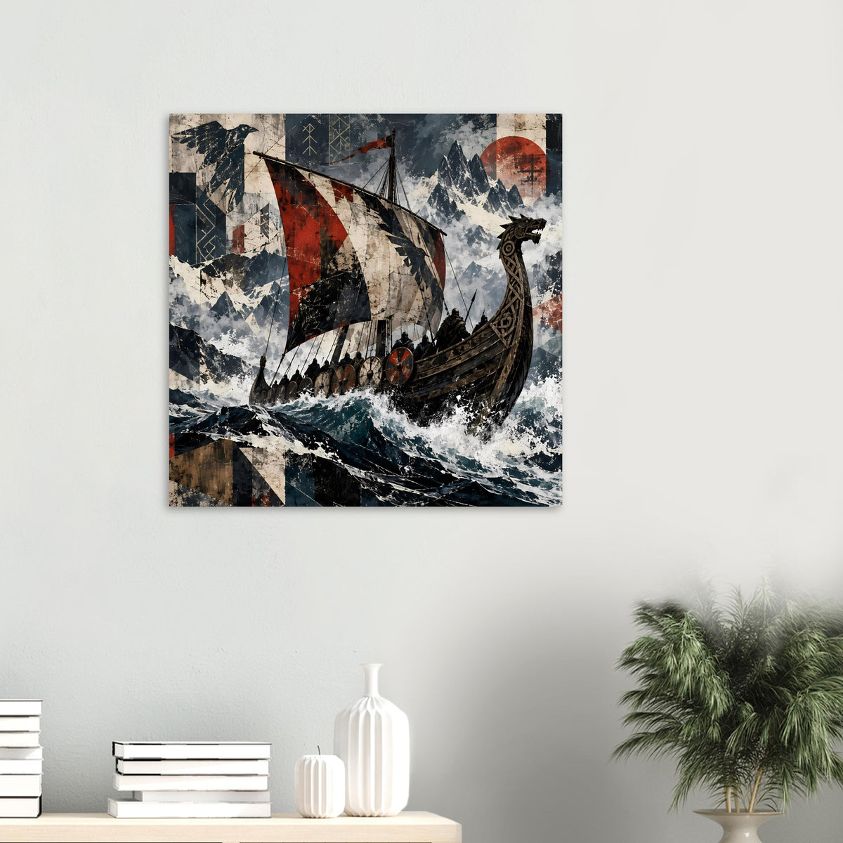 Wikingerschiff-Poster im Querformat, Drachenkopfbug und stürmische See mit weißen Schaumkronen