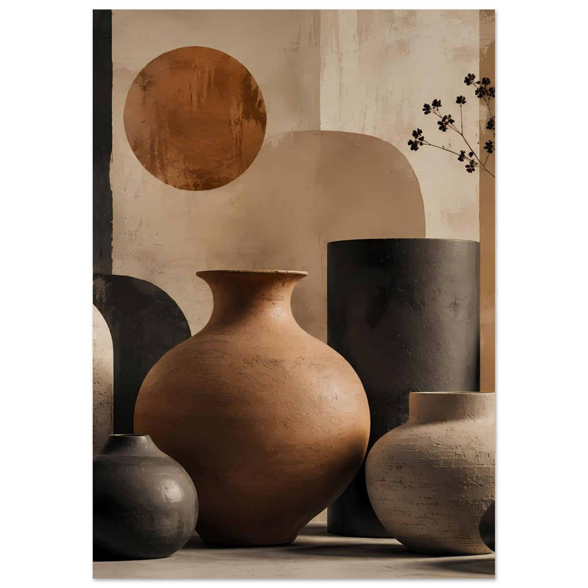 Poster mit Keramikvasen: große Terrakotta-Vase, daneben schwarze und hellbeige Gefäße