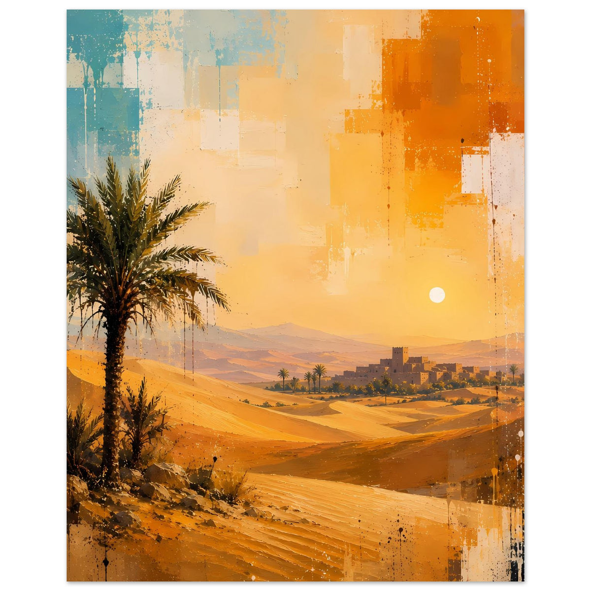 Hochkant-Poster: Palme links, Wüstenlandschaft mit Dünen und kleiner Siedlung, warmes Orange