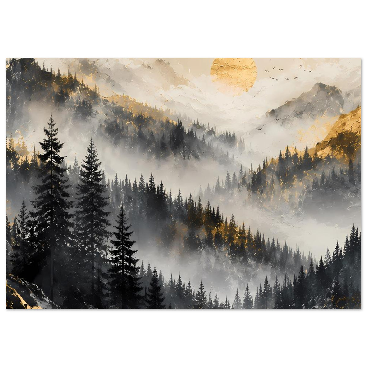 Wandposter (breit) mit Tannen im Nebel, Bergen, goldenem Mond und Flugvögeln