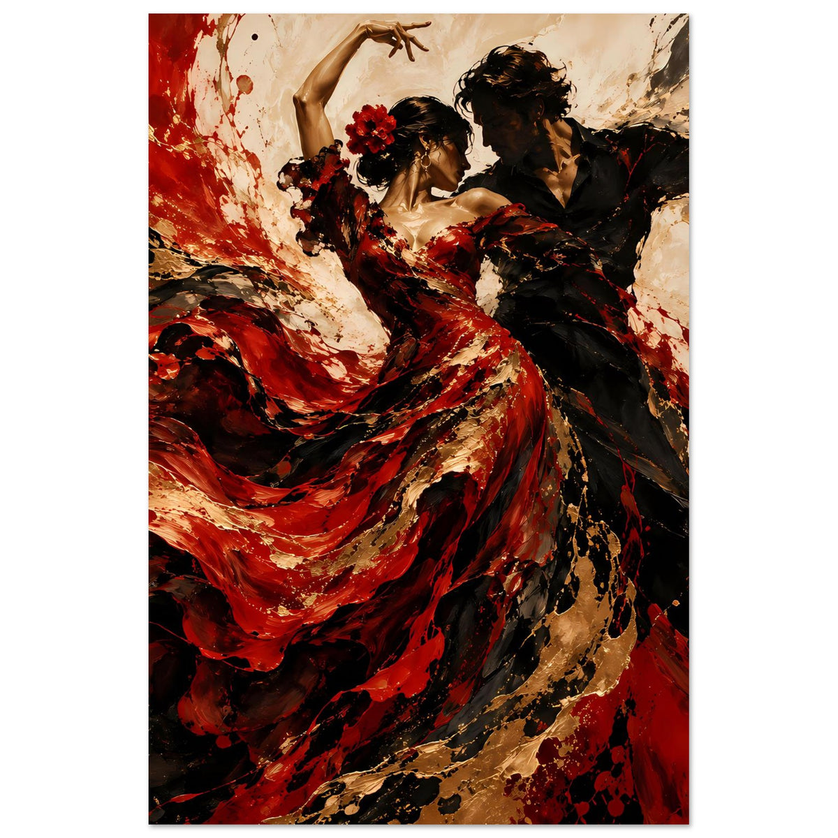 Flamenco-Tanz-Poster mit zwei Tänzern in rotem und schwarzem Kleid, goldenen Spritzern
