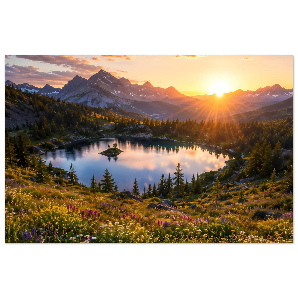 Poster im Querformat: Landschaftsfoto mit Bergsee, Sonnenuntergangshimmel und bunten Blumen