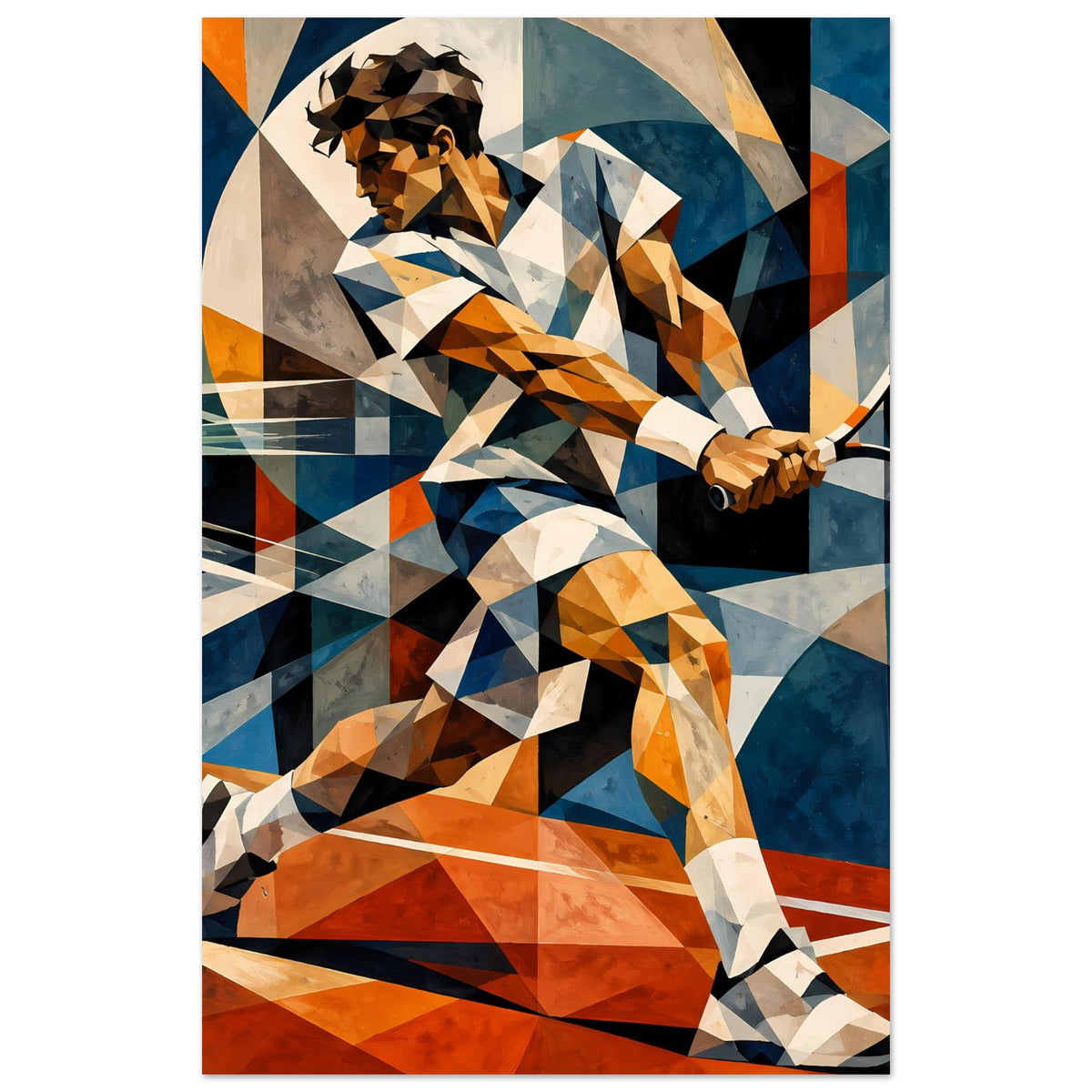 Tennis-Kunstposter: Low-Poly-Spieler im geometrischen Design, Schlägergriff in Nahsicht