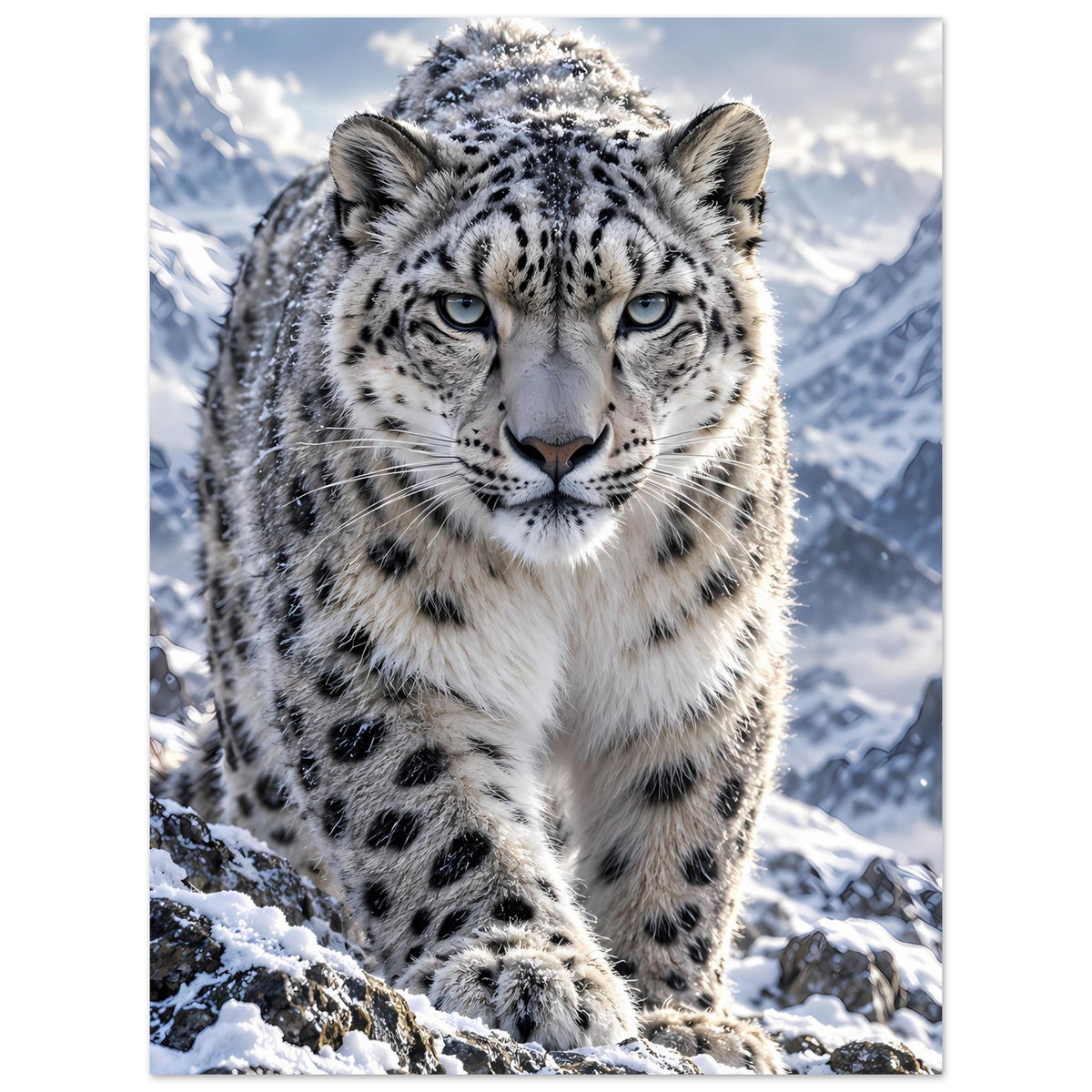 Schneeleoparden-Poster: Leopardenportrait mit Vorderpfoten auf schneebedeckten Steinen