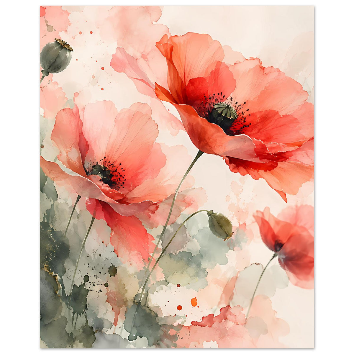 Vertikales Aquarell-Poster mit korallroten Mohnblüten und grünen Knospen, gerahmt