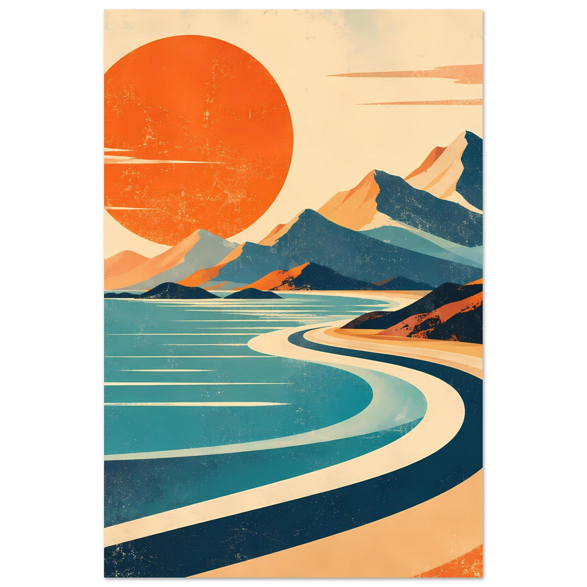 Vintage-Poster mit orangefarber Sonne, blauen Bergen und kurviger Küstenstraße