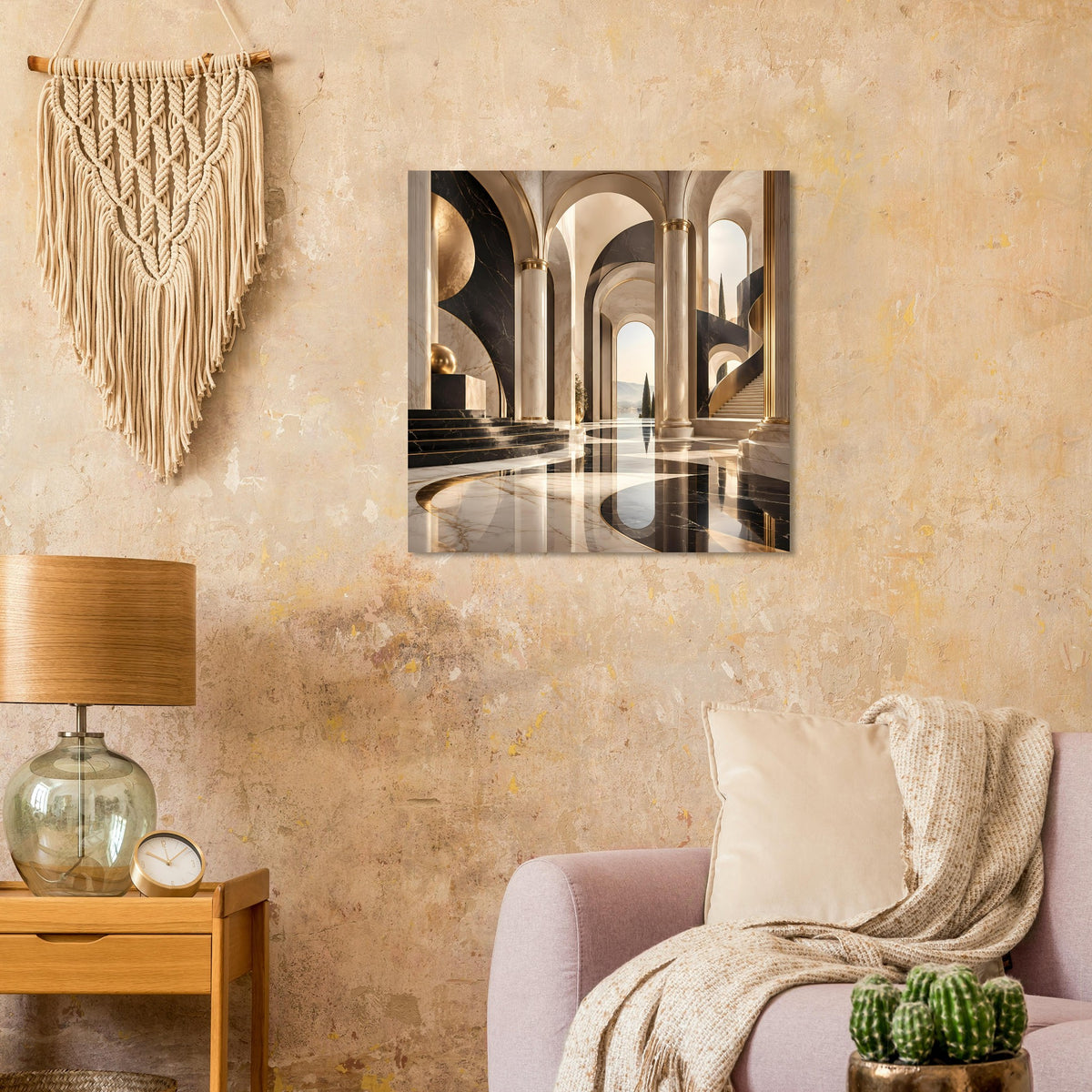 Architekturposter mit goldfarbenen Arkaden im dunklen Marmorstil