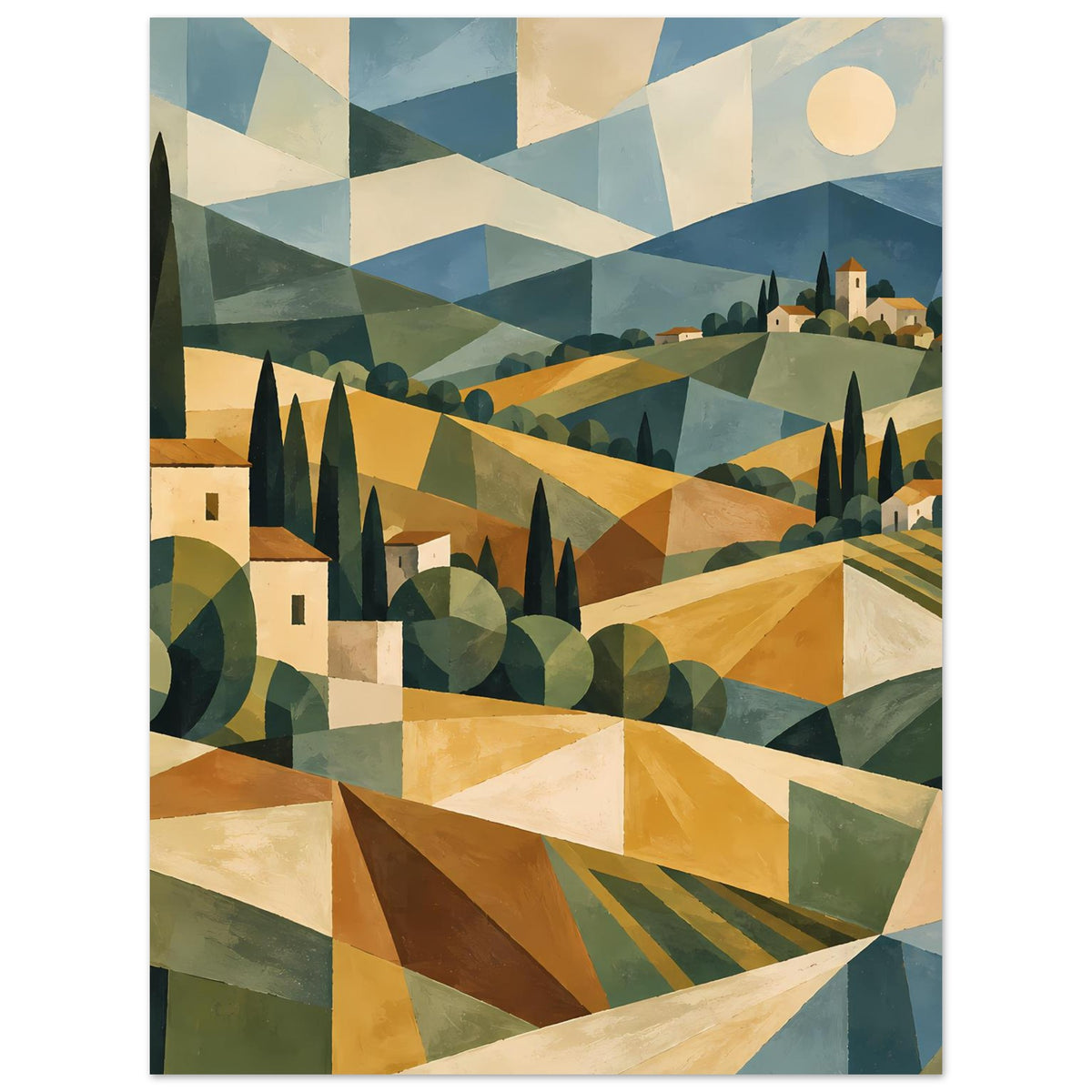 Geometrisches Poster einer Toskana-Landschaft mit Dorf im Hintergrund, Zypressen und warmen Farbtönen.