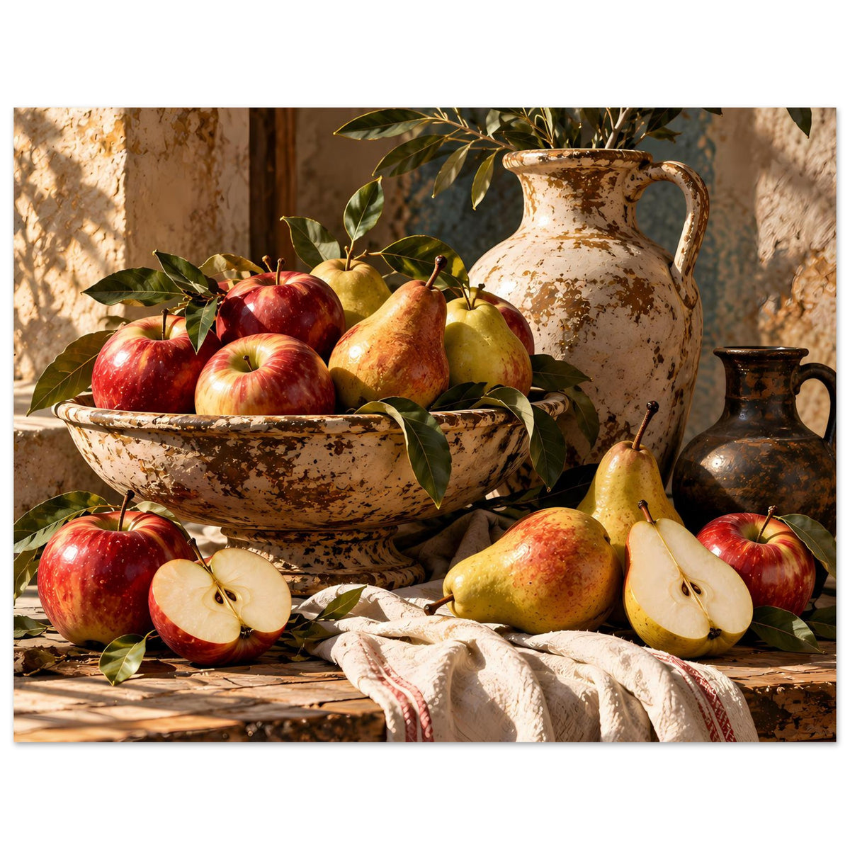 Herbstliches Poster: Obst mit Äpfeln und Birnen sowie Keramikkrug und zweitem Gefäß